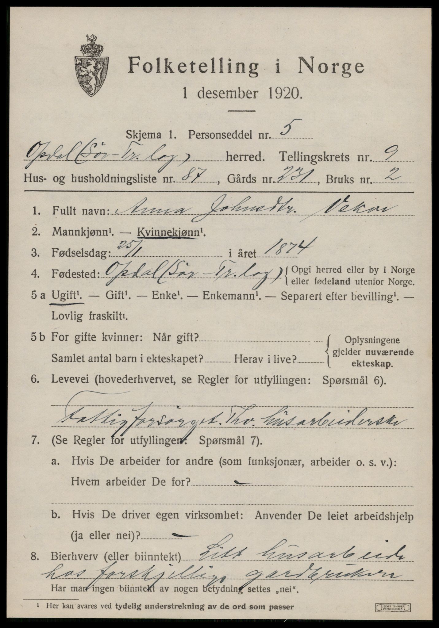 SAT, Folketelling 1920 for 1634 Oppdal herred, 1920, s. 8141