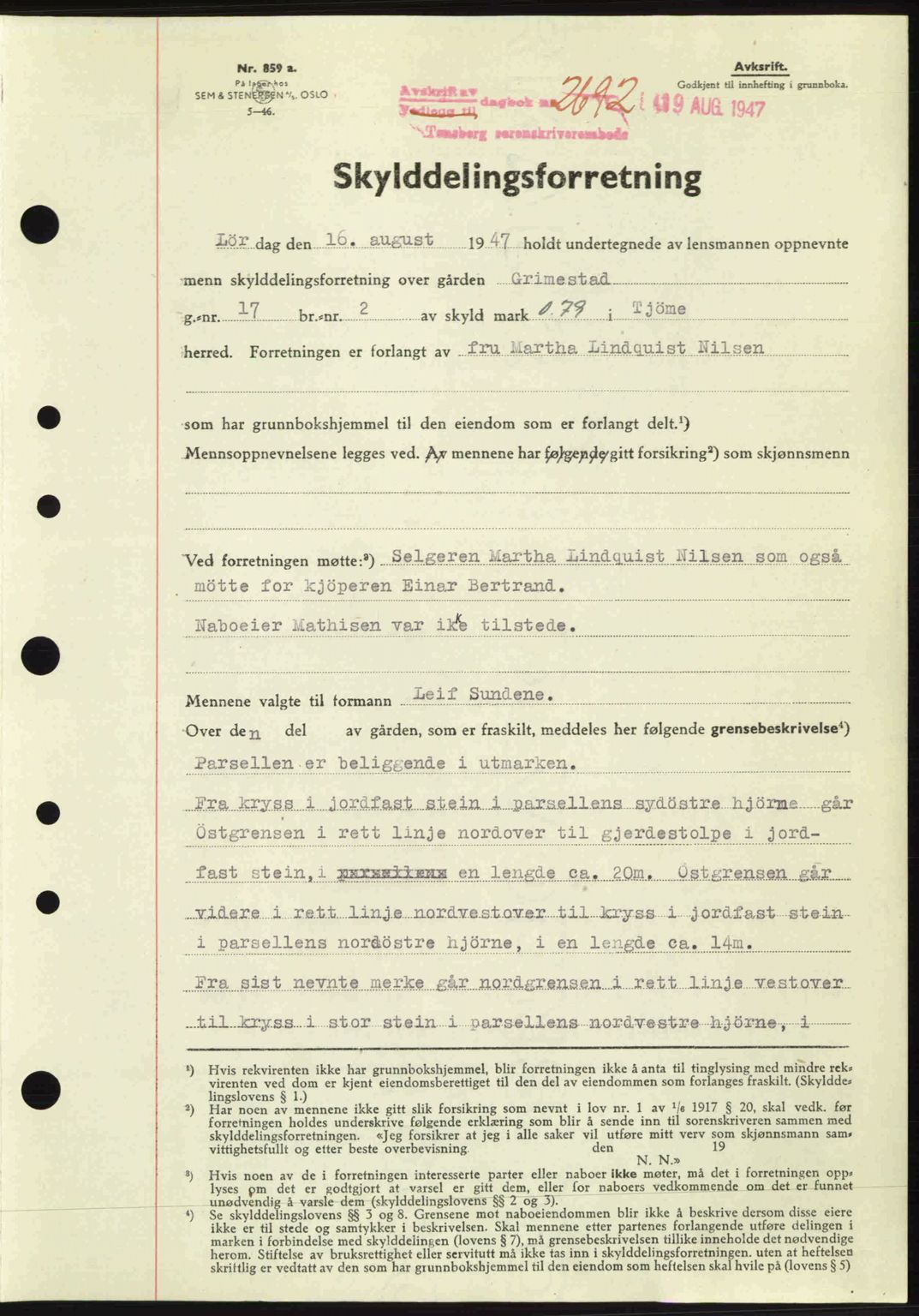 Tønsberg sorenskriveri, SAKO/A-130/G/Ga/Gaa/L0022: Pantebok nr. A22, 1947-1947, Dagboknr: 2692/1947