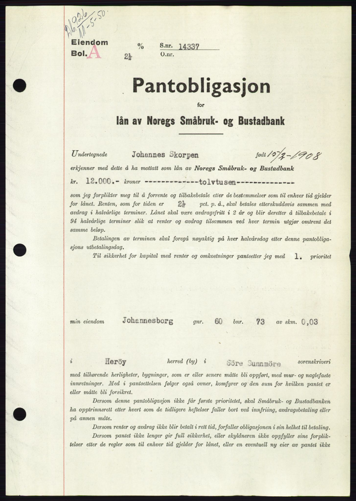 Søre Sunnmøre sorenskriveri, SAT/A-4122/1/2/2C/L0118: Pantebok nr. 6B, 1949-1950, Dagboknr: 926/1950