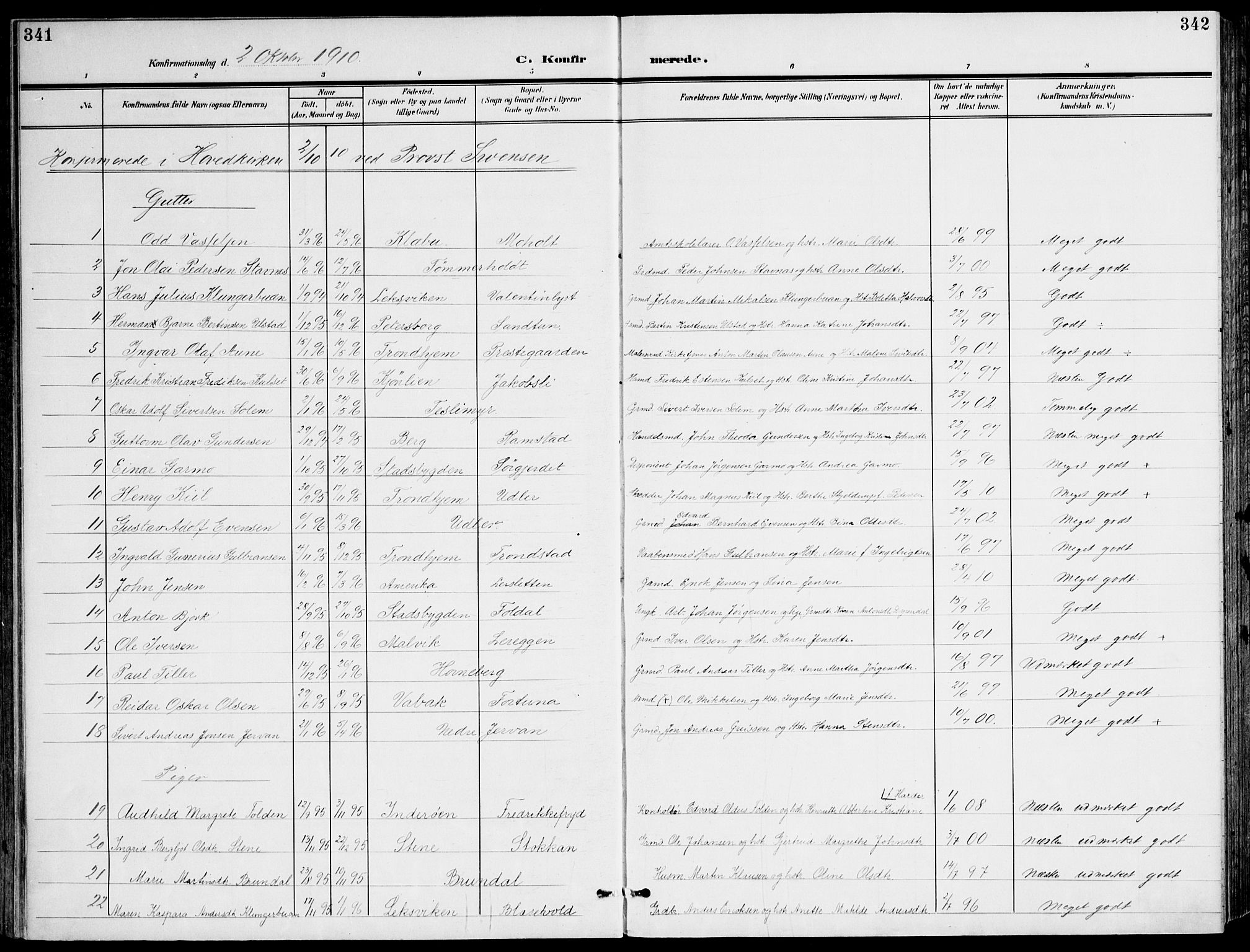 Ministerialprotokoller, klokkerbøker og fødselsregistre - Sør-Trøndelag, SAT/A-1456/607/L0320: Ministerialbok nr. 607A04, 1907-1915, s. 341-342