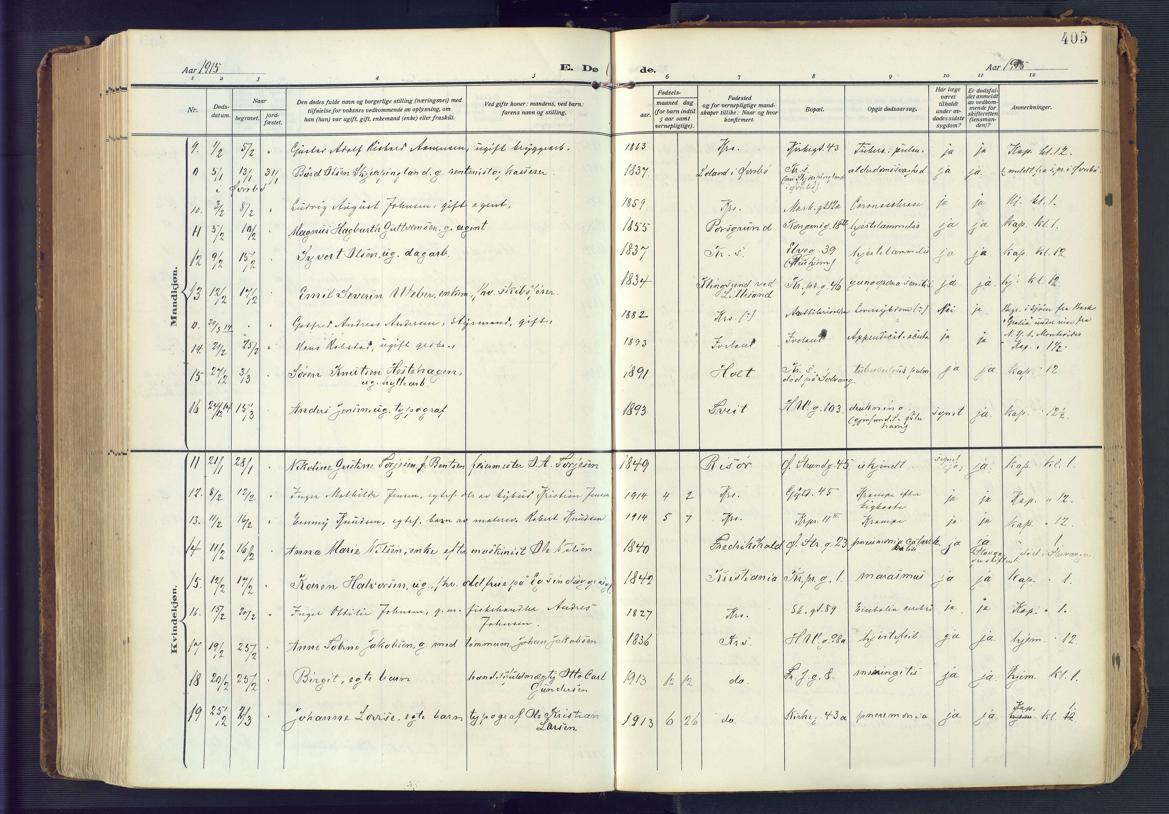 Kristiansand domprosti, AV/SAK-1112-0006/F/Fa/L0023: Ministerialbok nr. A 22, 1909-1917, s. 405