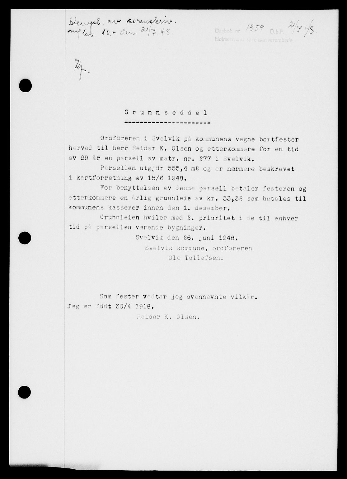 Holmestrand sorenskriveri, SAKO/A-67/G/Ga/Gaa/L0064: Pantebok nr. A-64, 1948-1948, Dagboknr: 1359/1948
