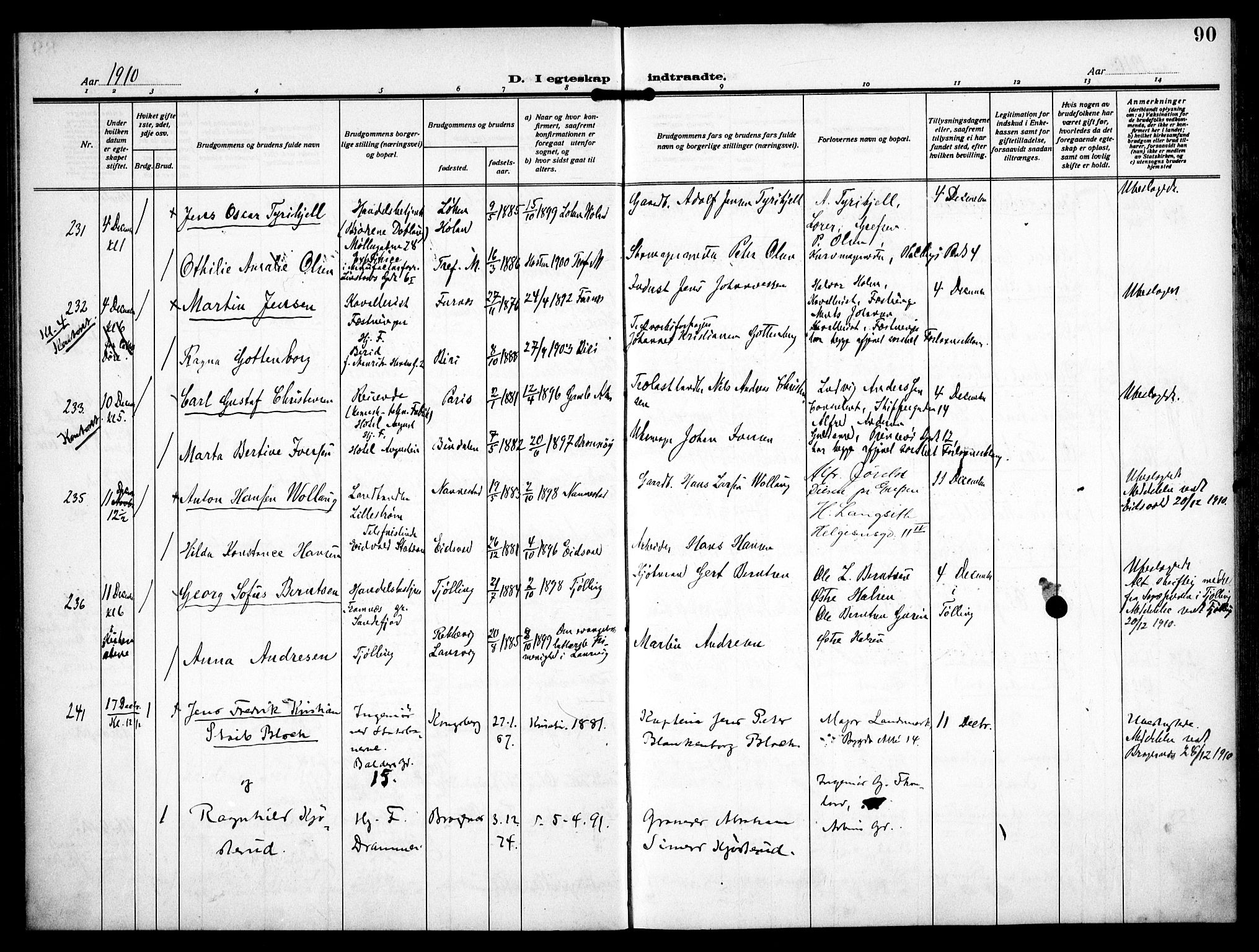 Trefoldighet prestekontor Kirkebøker, AV/SAO-A-10882/F/Fc/L0006: Ministerialbok nr. III 6, 1908-1914, s. 90