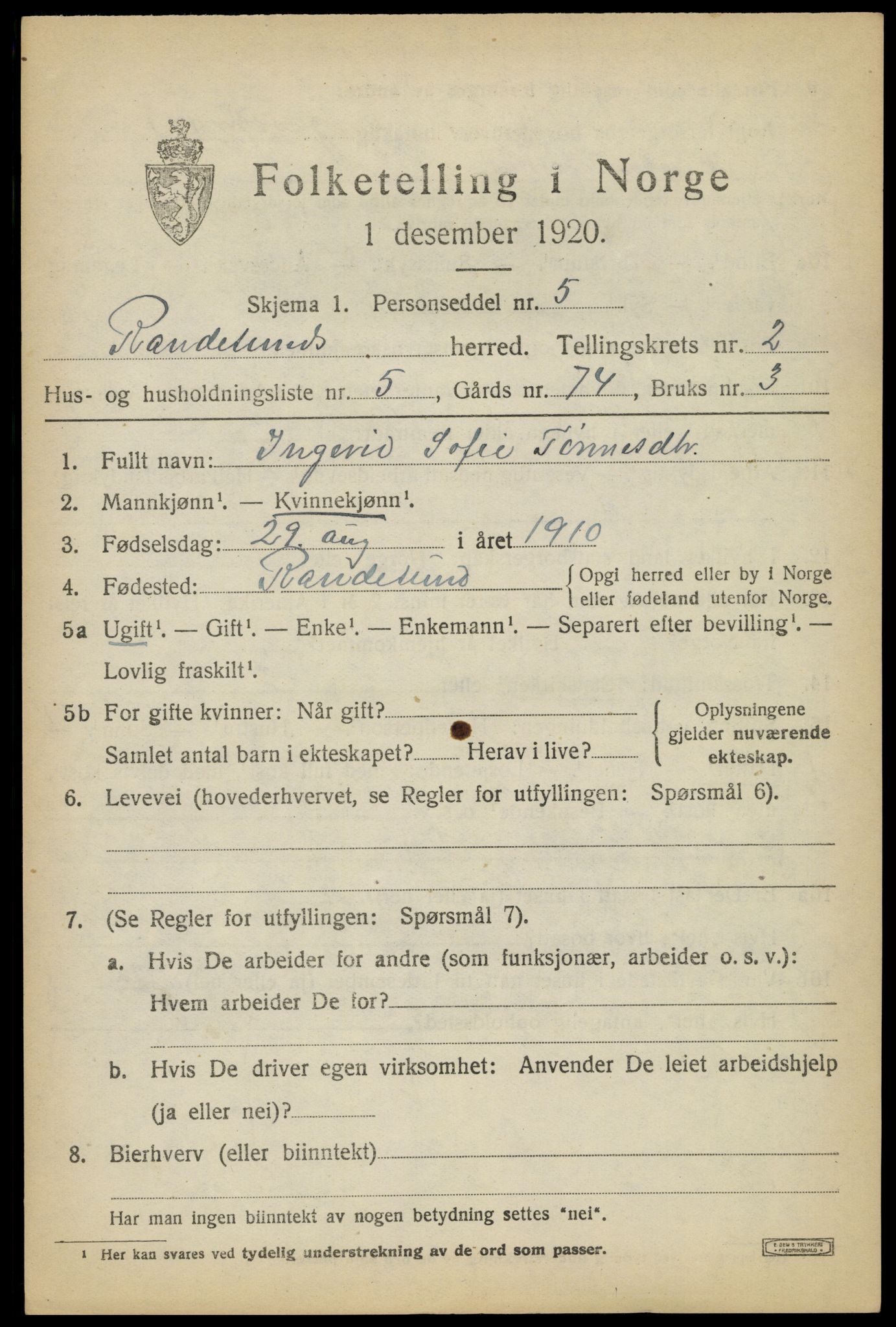 SAK, Folketelling 1920 for 1011 Randesund herred, 1920, s. 1126