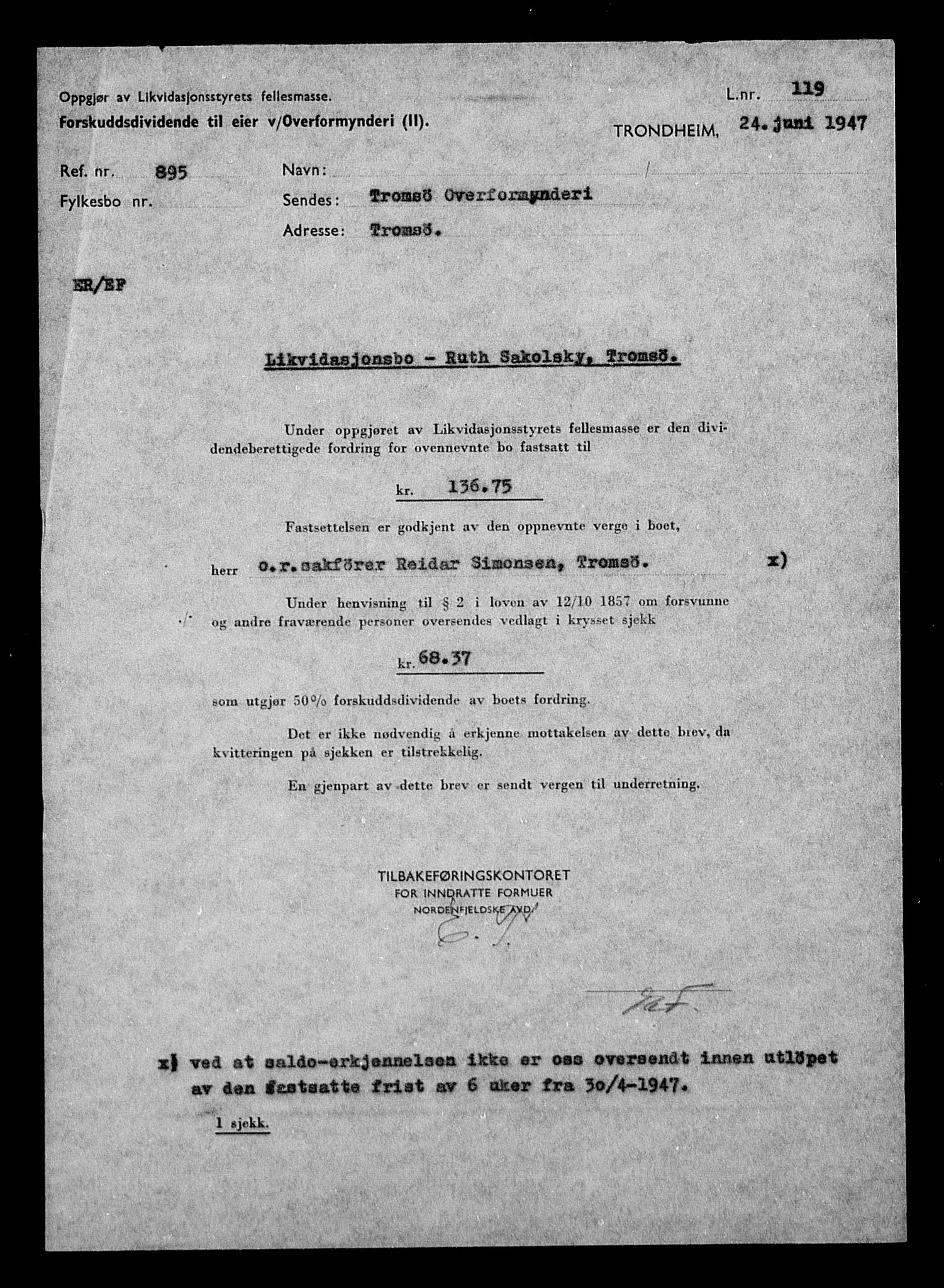 Justisdepartementet, Tilbakeføringskontoret for inndratte formuer, AV/RA-S-1564/H/Hc/Hcb/L0915: --, 1945-1947, s. 285