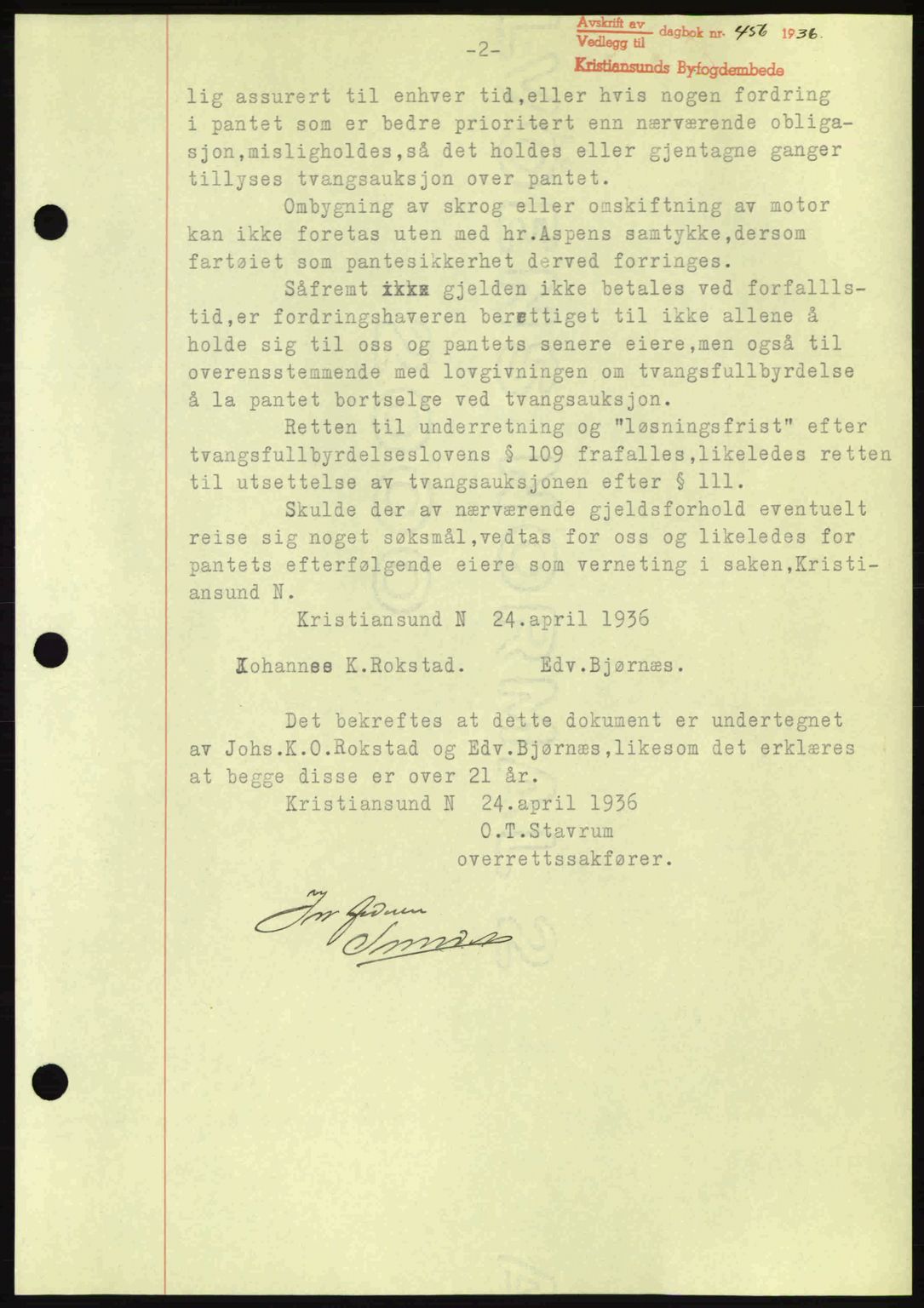 Kristiansund byfogd, AV/SAT-A-4587/A/27: Pantebok nr. 29, 1936-1937, Dagboknr: 456/1936