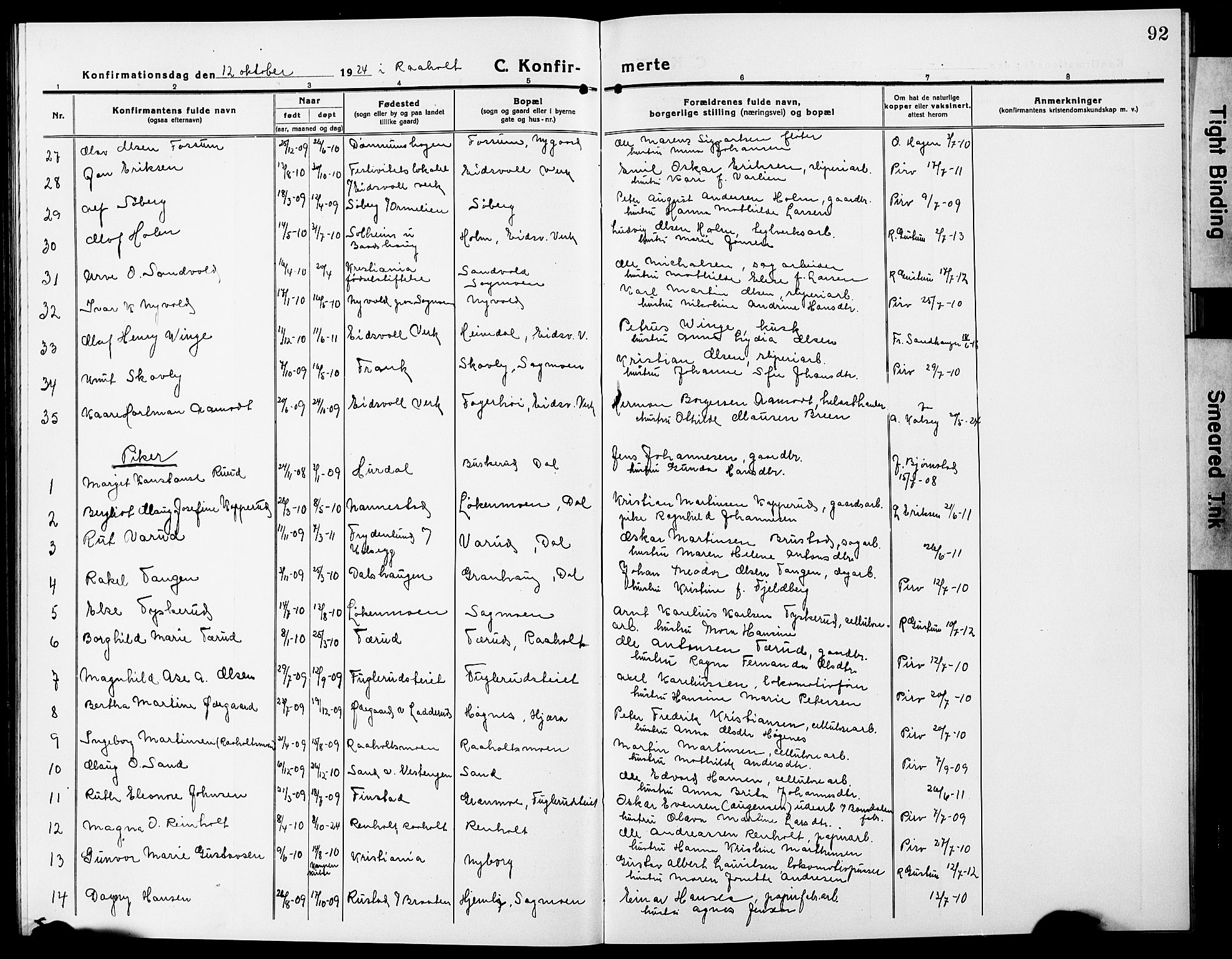 Eidsvoll prestekontor Kirkebøker, AV/SAO-A-10888/G/Ga/L0009: Klokkerbok nr. I 9, 1914-1927, s. 92