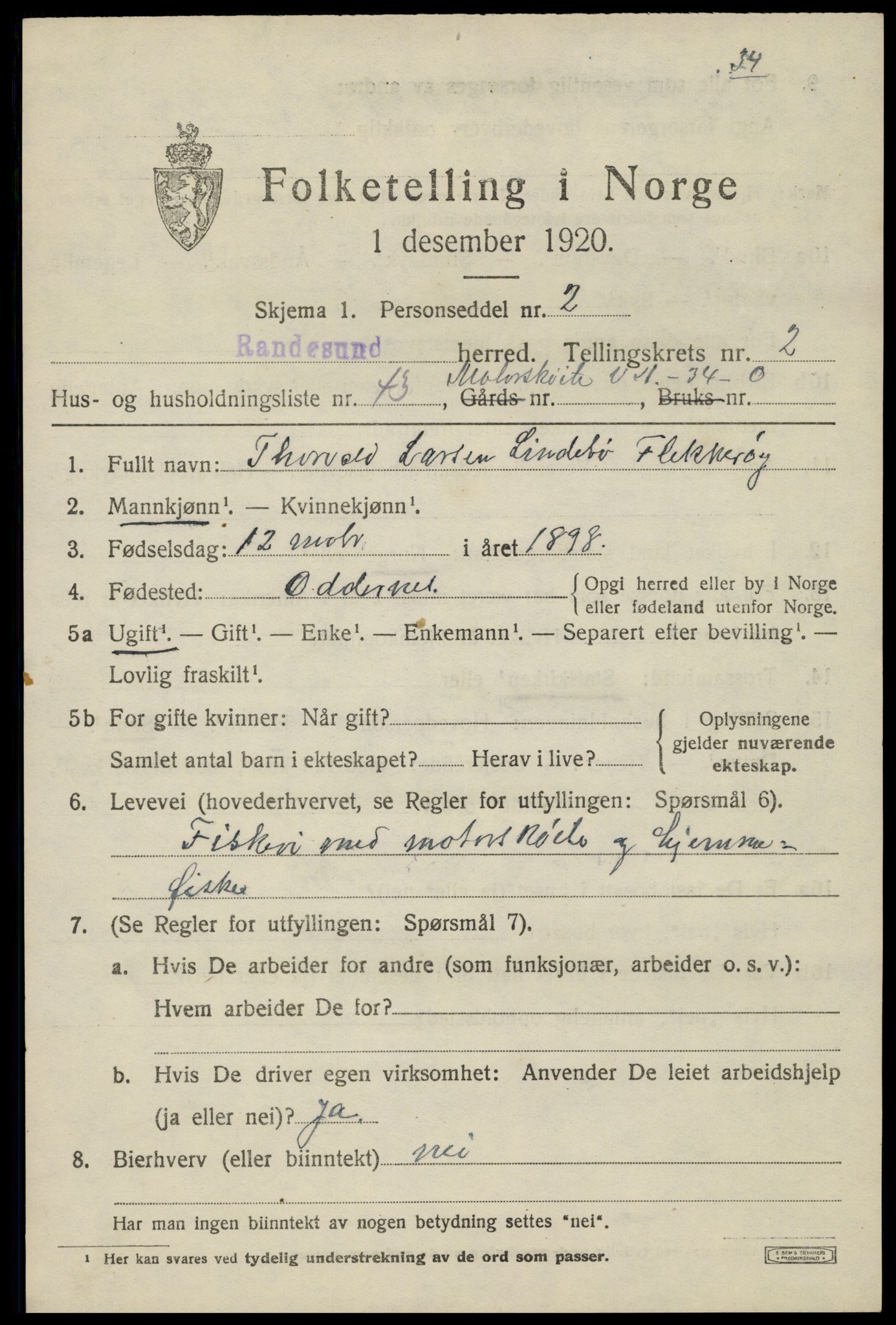 SAK, Folketelling 1920 for 1011 Randesund herred, 1920, s. 1446