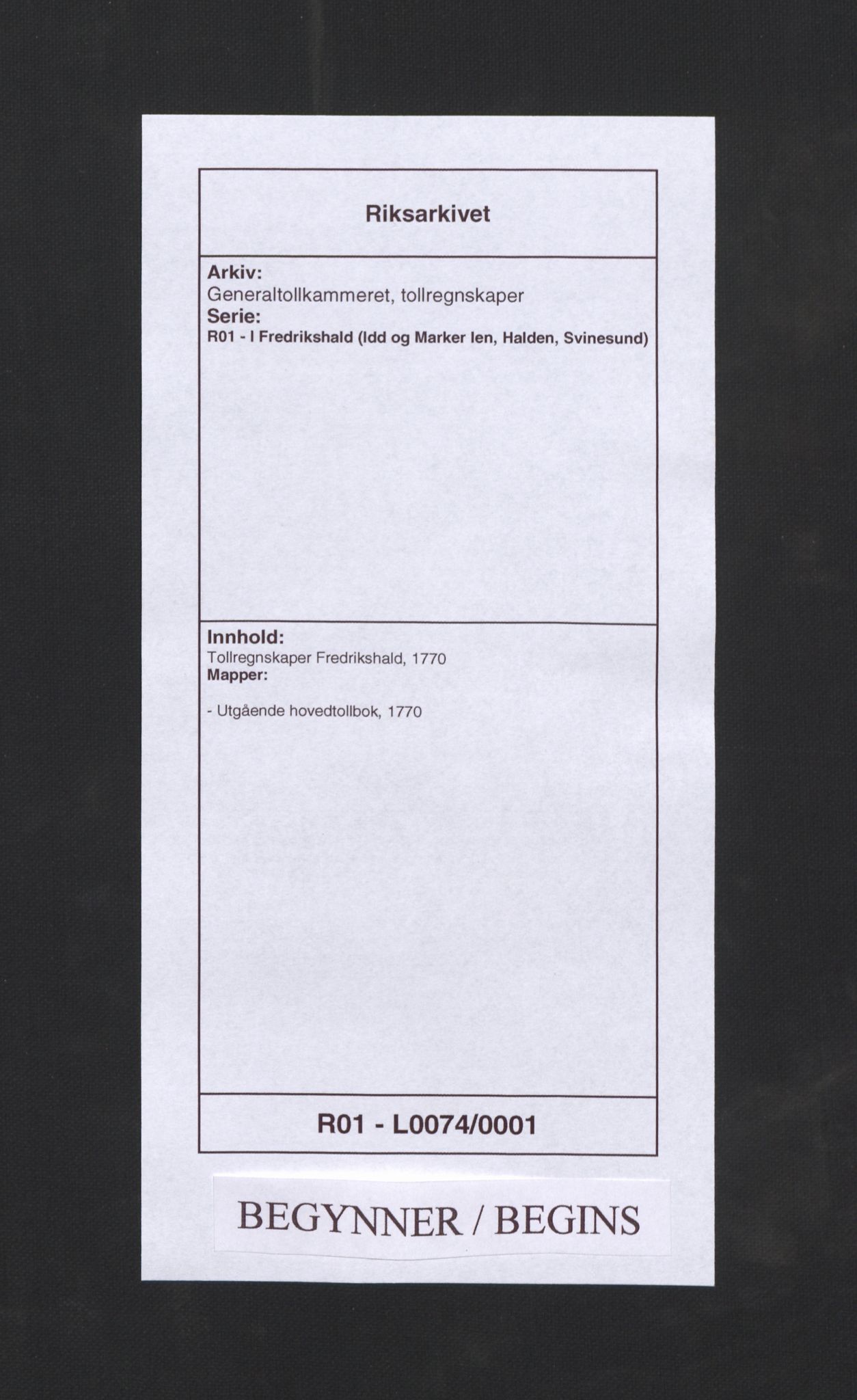 Generaltollkammeret, tollregnskaper, RA/EA-5490/R01/L0074/0001: Tollregnskaper Fredrikshald / Utgående hovedtollbok, 1770