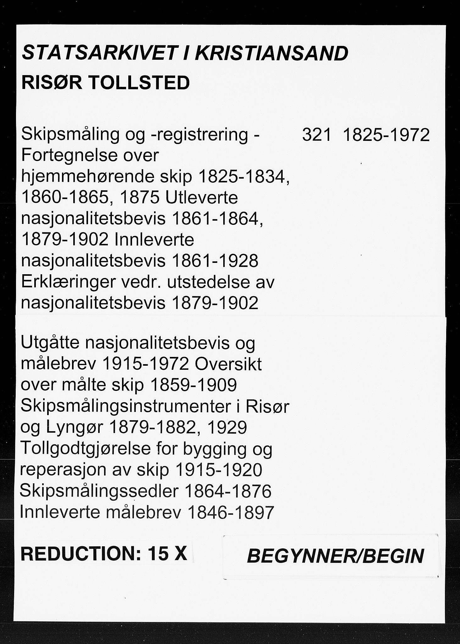 Risør tollsted, SAK/1351-0010/H/Ha/L0321: Skip, 1825-1972, s. 1