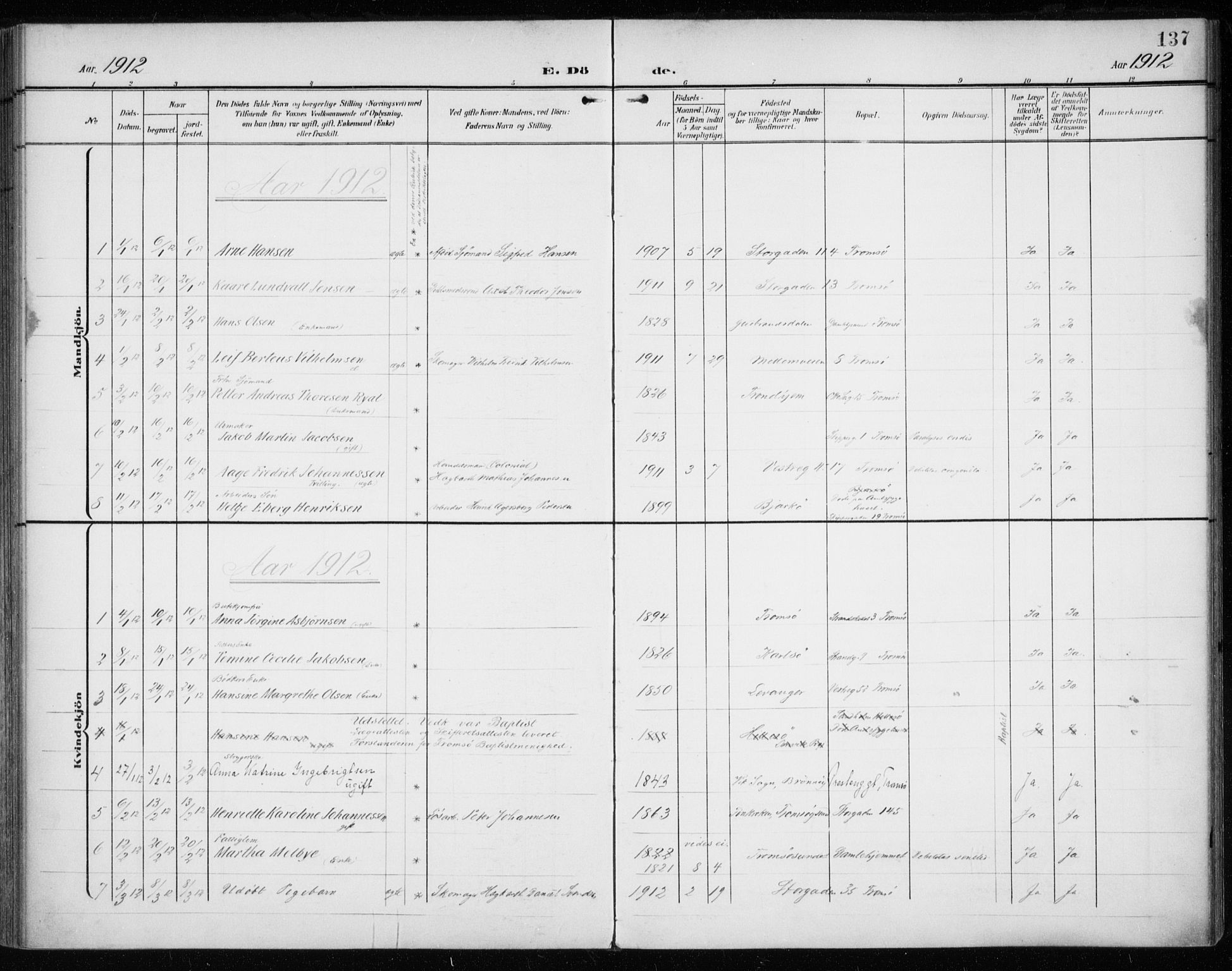 Tromsø sokneprestkontor/stiftsprosti/domprosti, SATØ/S-1343/G/Ga/L0018kirke: Ministerialbok nr. 18, 1907-1917, s. 137