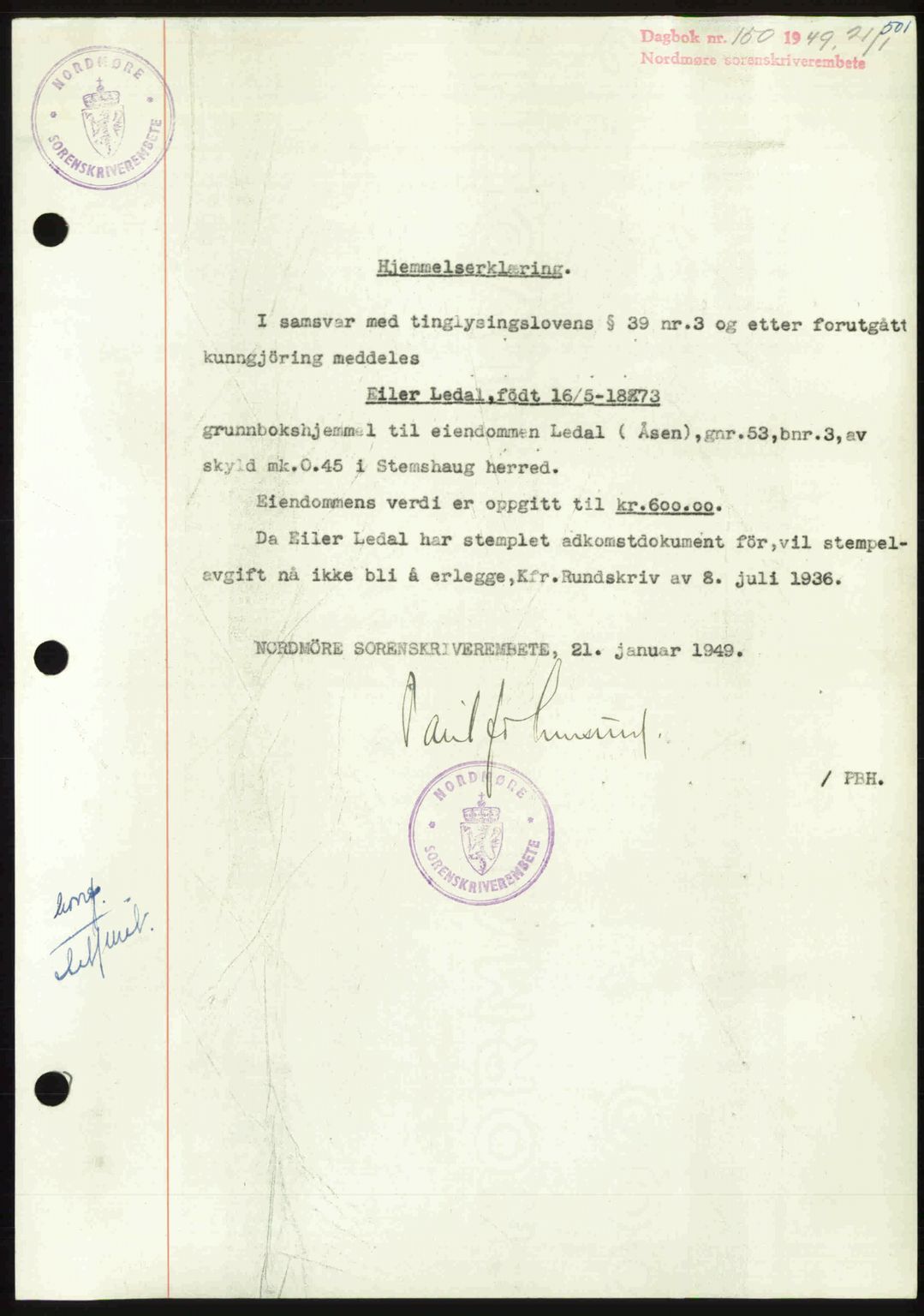 Nordmøre sorenskriveri, SAT/A-4132/1/2/2Ca: Pantebok nr. A110, 1948-1949, Dagboknr: 150/1949