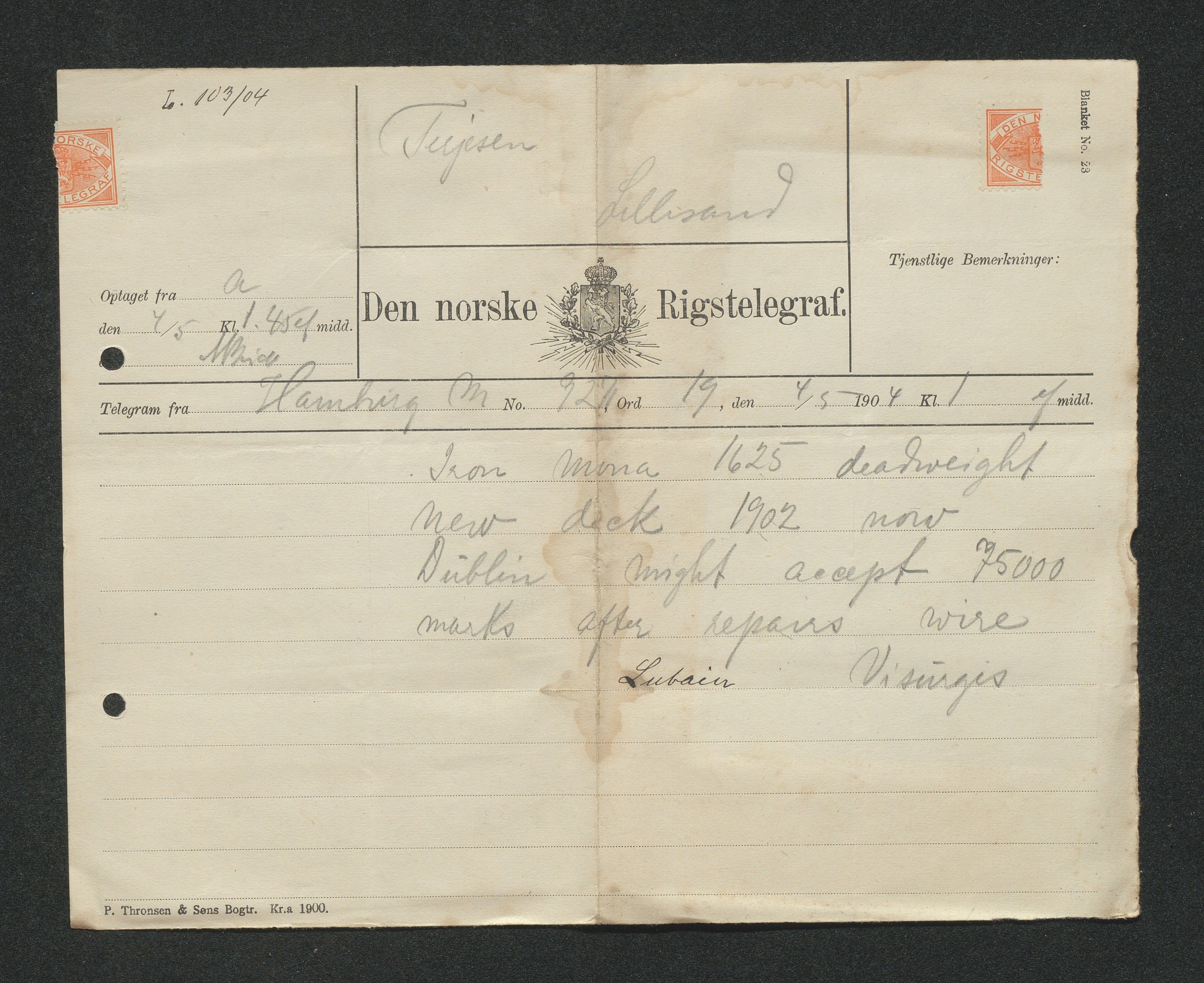 O. Terjesens rederi, AAKS/PA-2525/E/E01/L0013: Korrespondanse, 1904-1905