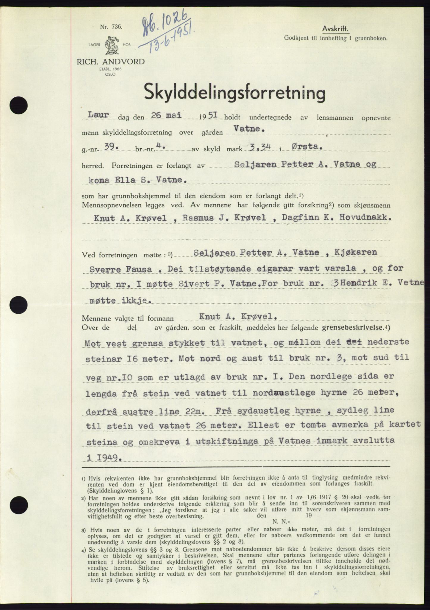 Søre Sunnmøre sorenskriveri, SAT/A-4122/1/2/2C/L0089: Pantebok nr. 15A, 1951-1951, Dagboknr: 1026/1951