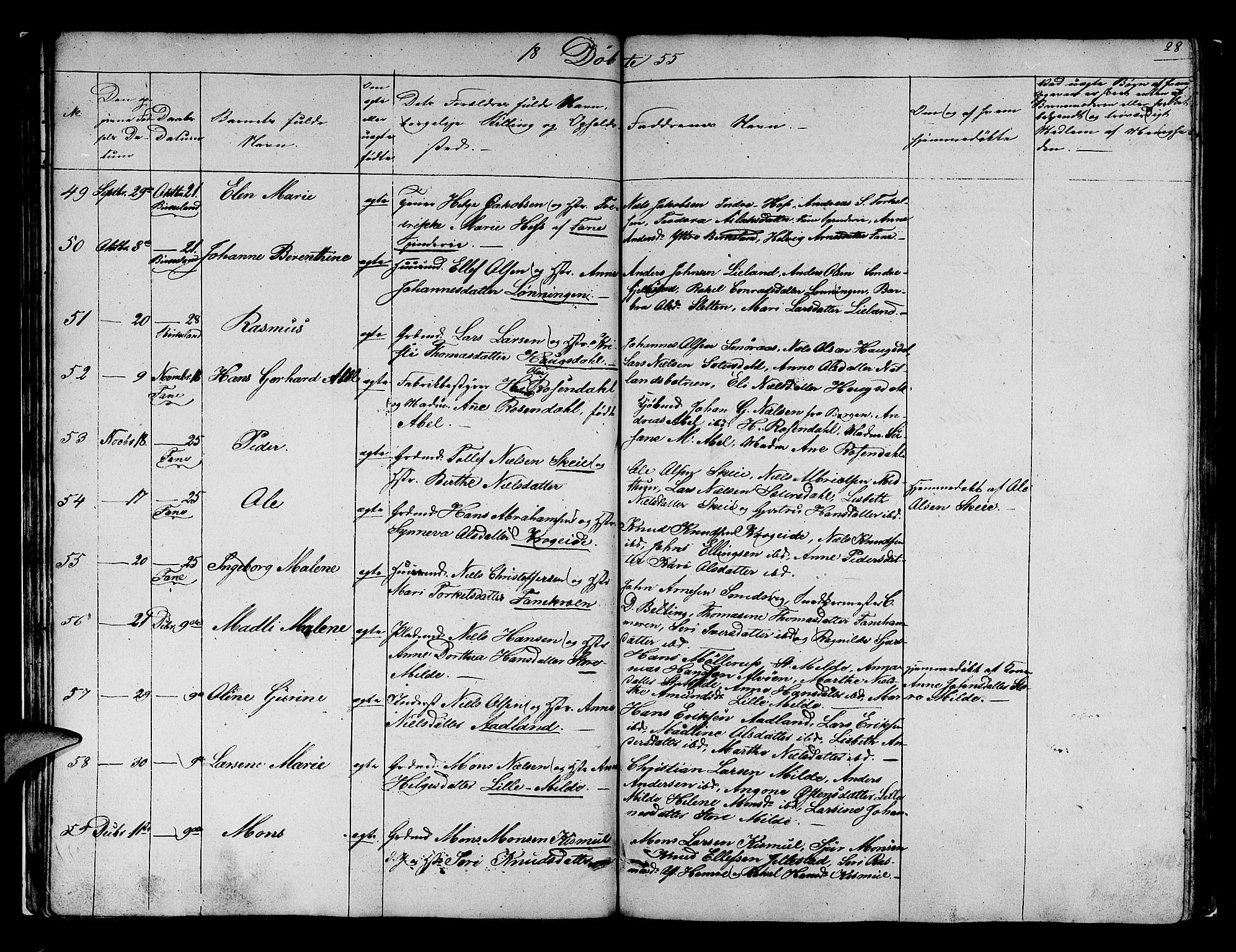 Fana Sokneprestembete, AV/SAB-A-75101/H/Hab/Habb/L0002: Klokkerbok nr. B 2, 1851-1860, s. 28