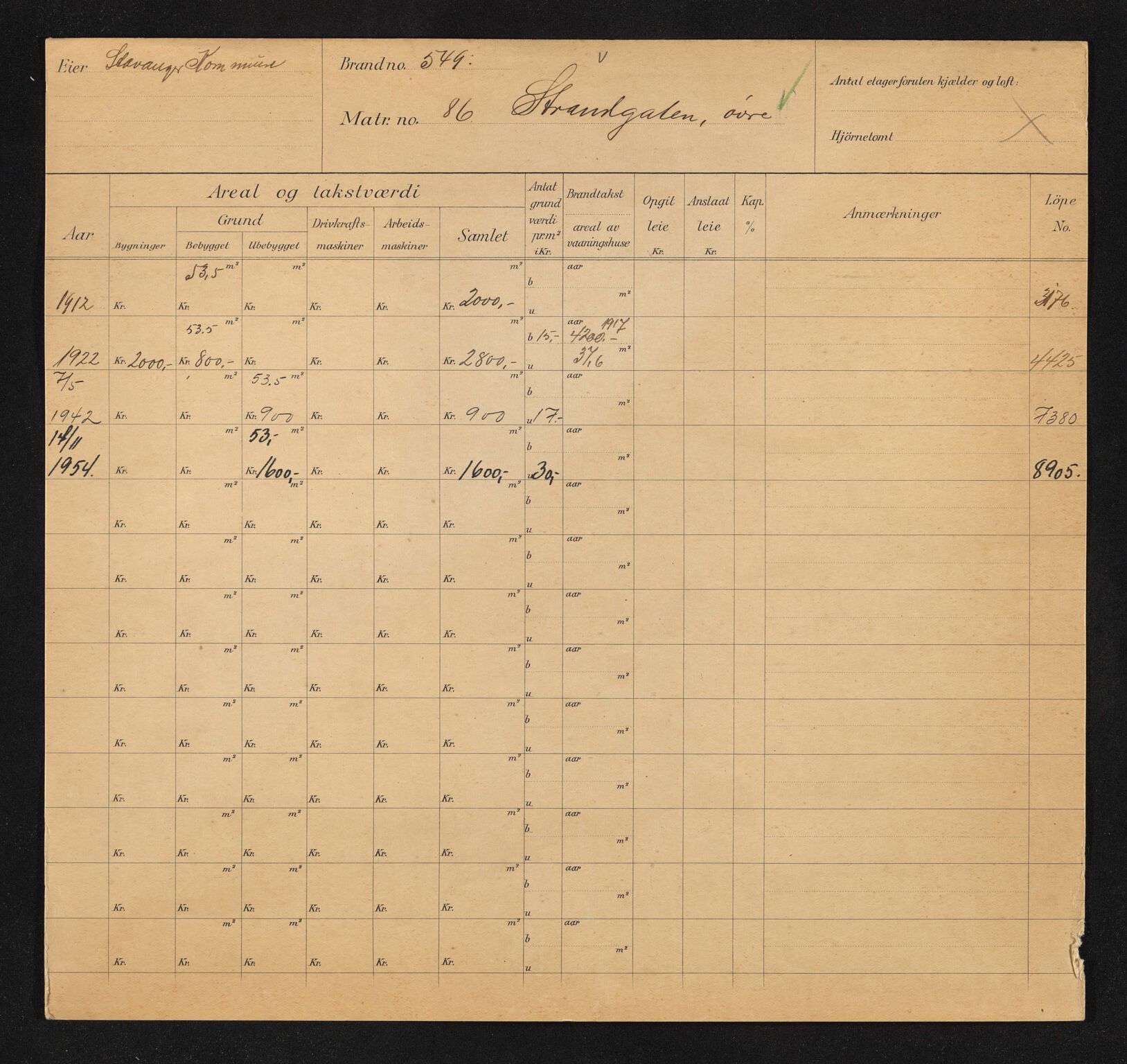 Stavanger kommune. Skattetakstvesenet, BYST/A-0440/F/Fa/Faa/L0047/0005: Skattetakstkort / Øvre Strandgate 86 - 120