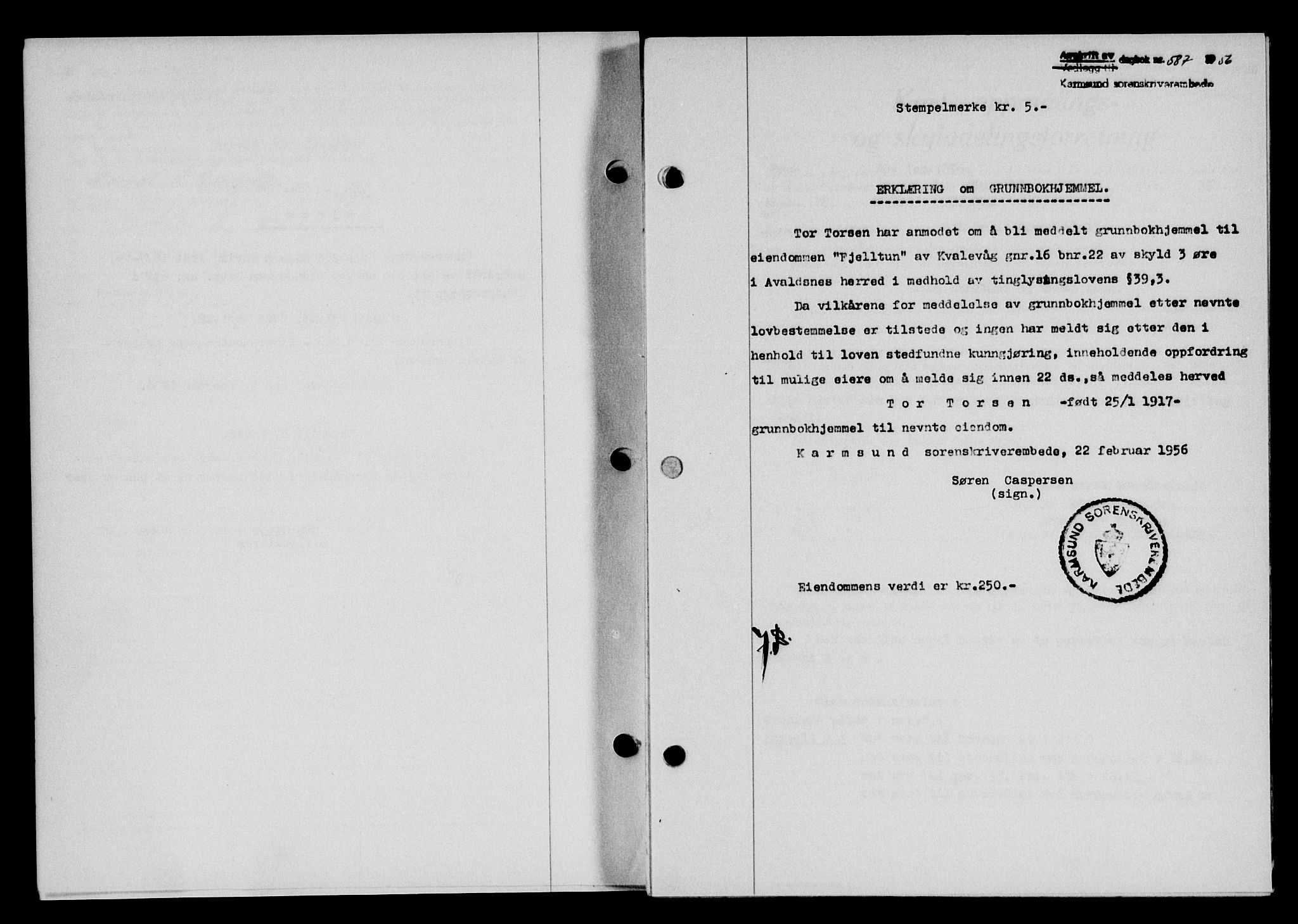 Karmsund sorenskriveri, SAST/A-100311/01/II/IIB/L0118: Pantebok nr. 98A, 1955-1956, Dagboknr: 587/1956
