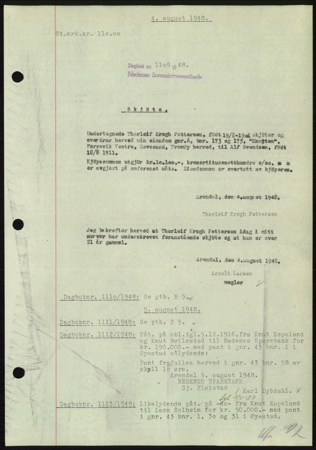 Nedenes sorenskriveri, AV/SAK-1221-0006/G/Gb/Gba/L0059: Pantebok nr. A11, 1948-1948, Dagboknr: 1109/1948