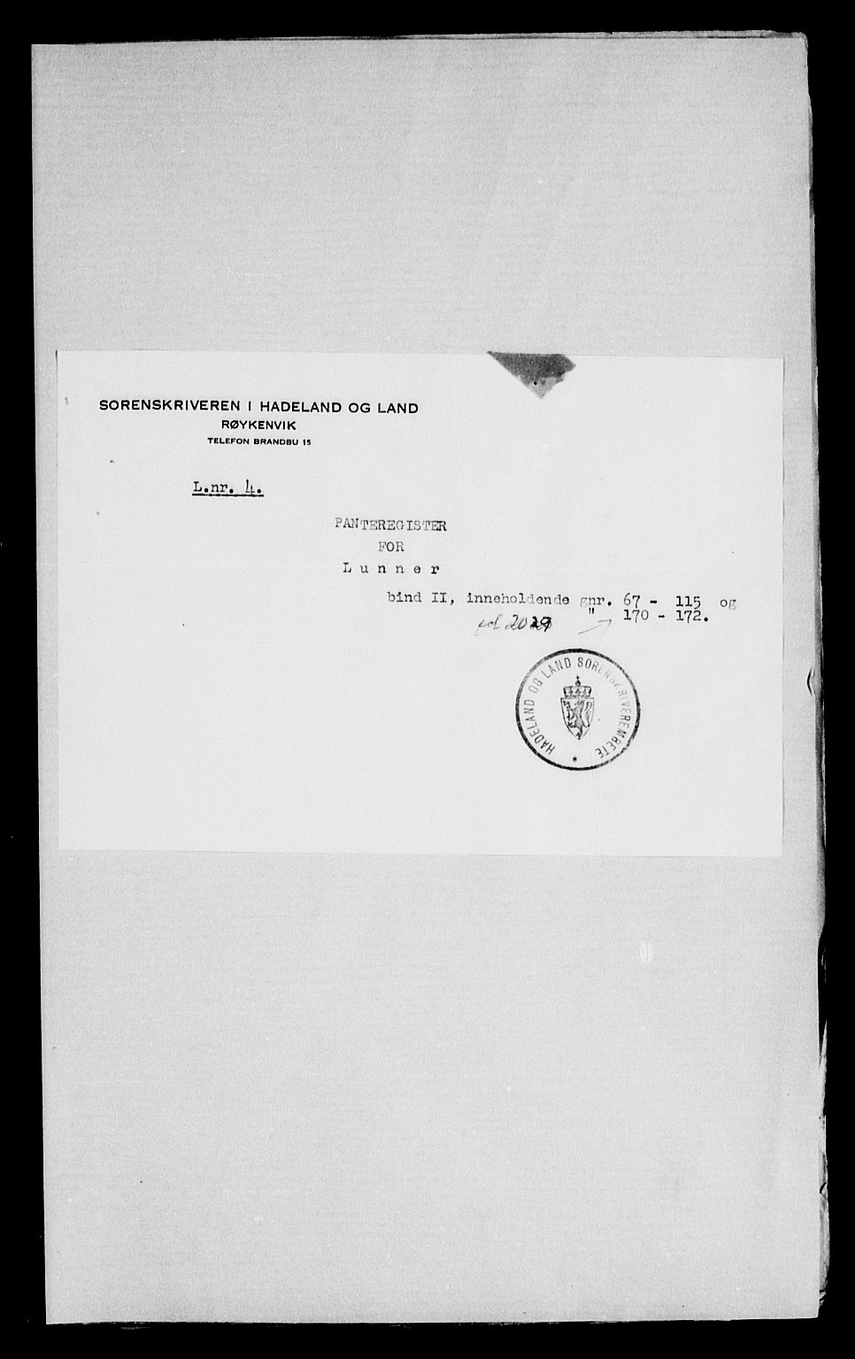 Hadeland og Land tingrett, SAH/TING-010/H/Ha/Hac/L0003: Panteregister nr. 3.3, 1906-1950, s. 0-1
