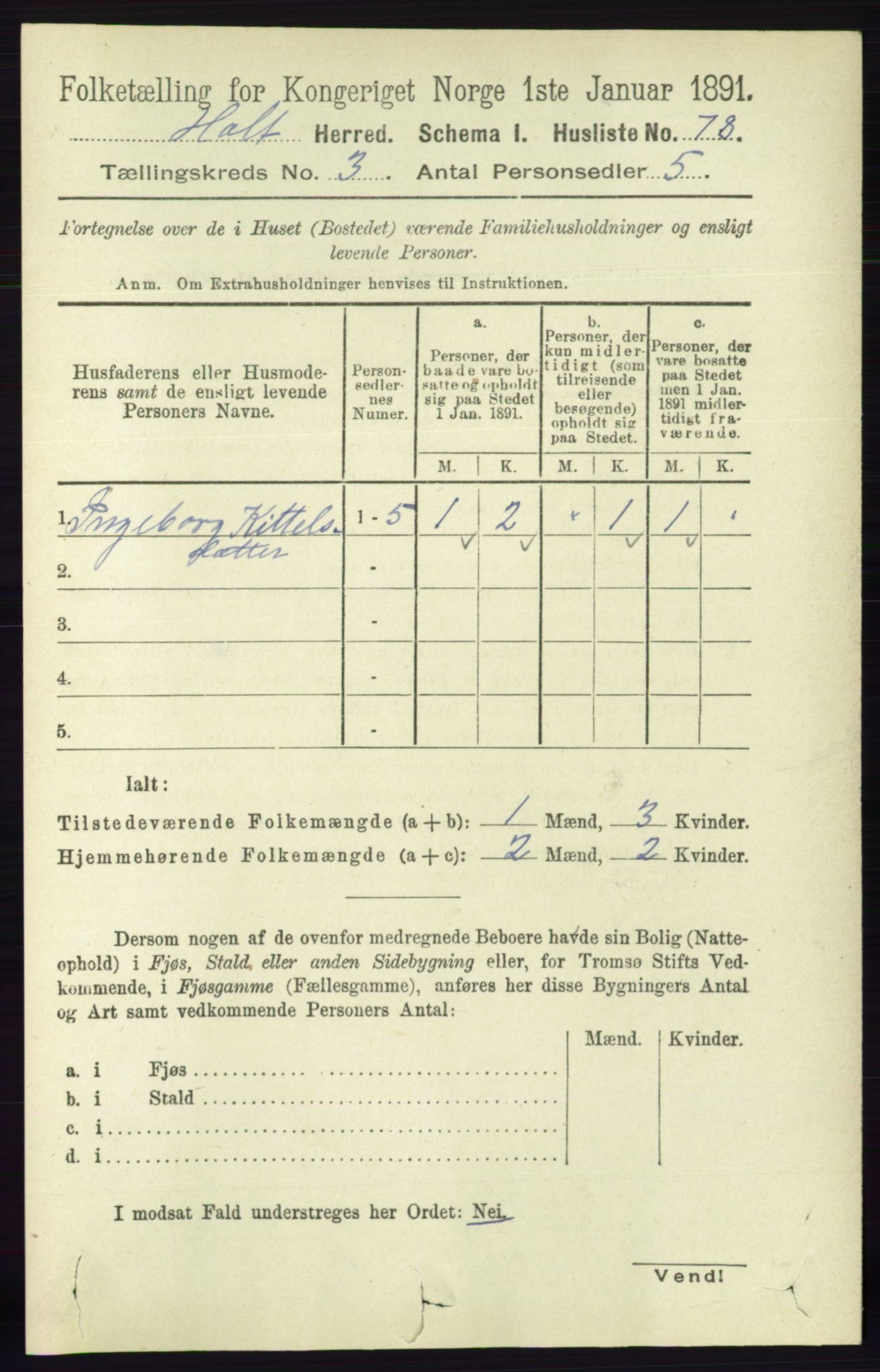 RA, Folketelling 1891 for 0914 Holt herred, 1891, s. 1030