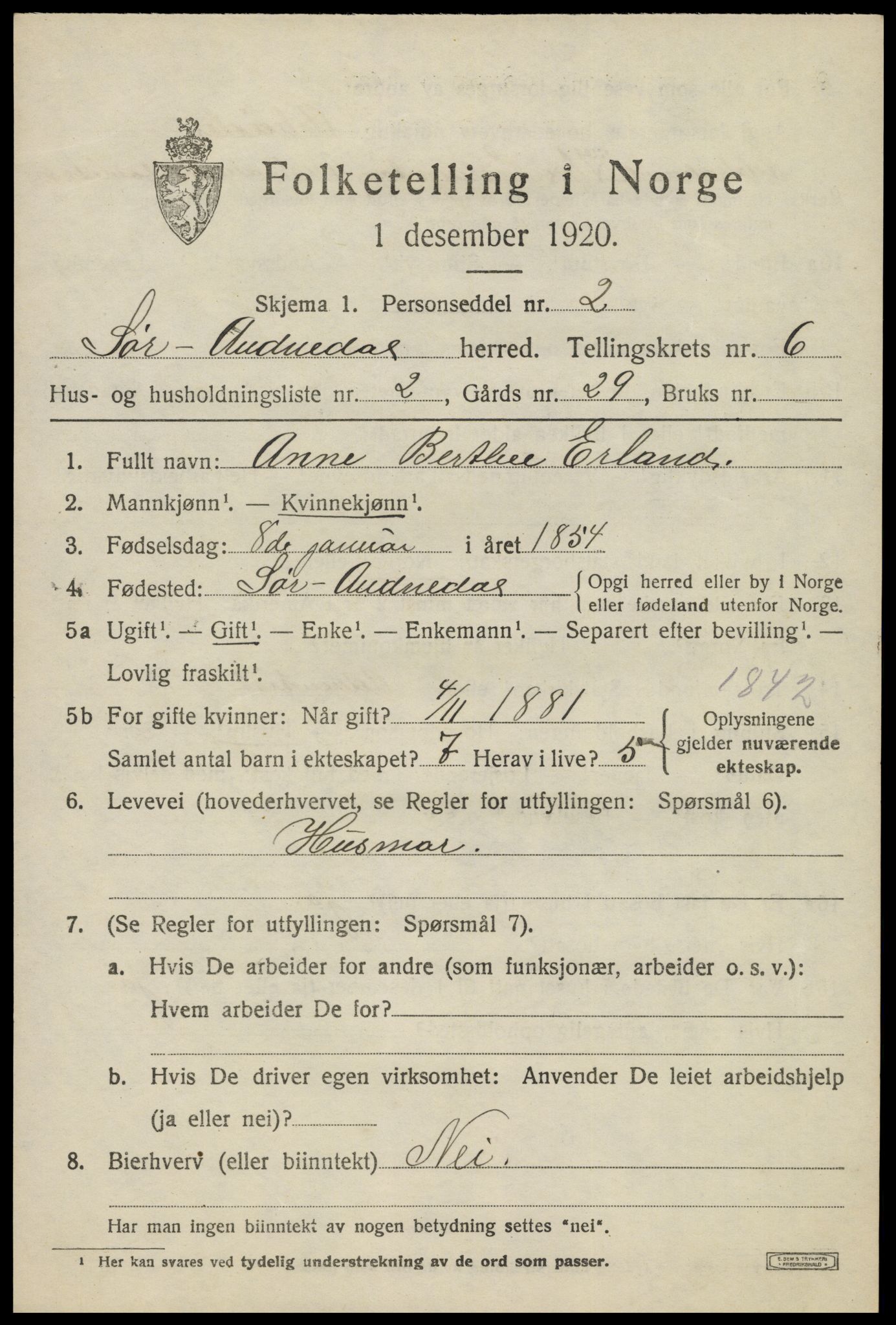 SAK, Folketelling 1920 for 1029 Sør-Audnedal herred, 1920, s. 2705