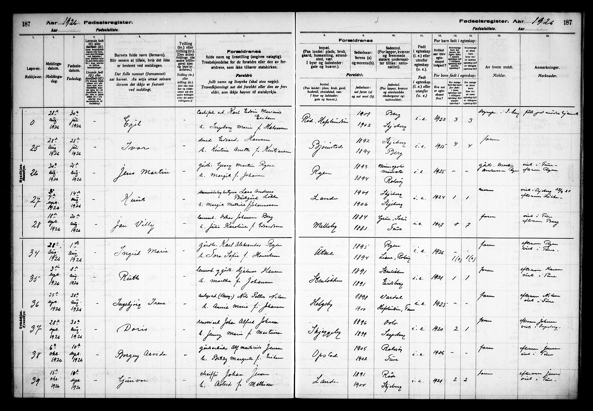 Tune prestekontor Kirkebøker, AV/SAO-A-2007/J/Ja/L0001: Fødselsregister nr. I 1, 1916-1928, s. 187