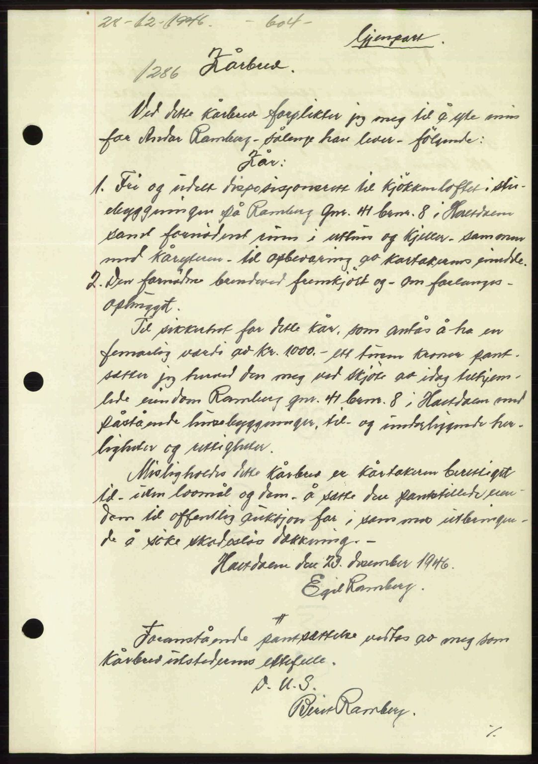 Gauldal sorenskriveri, SAT/A-0014/1/2/2C: Pantebok nr. A2, 1946-1946, Dagboknr: 1286/1946